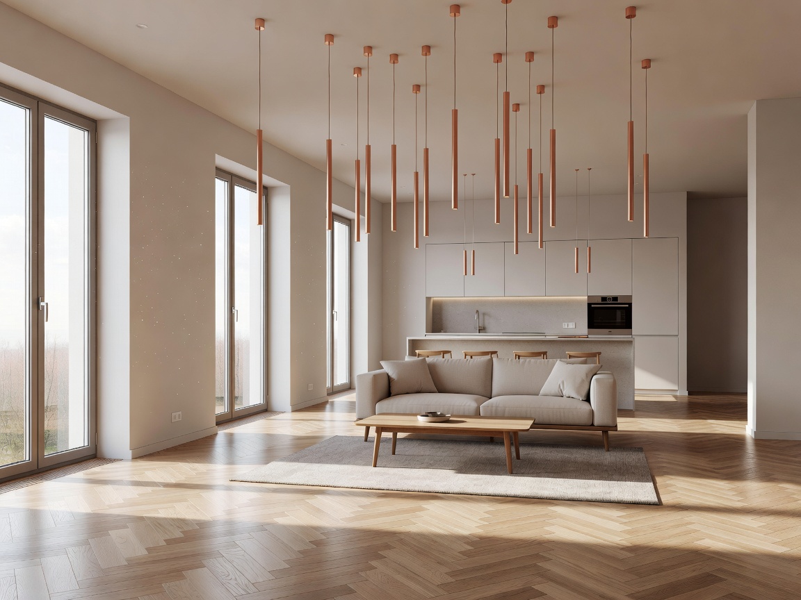After modern open plan light-filled European apartment with copper lighting and oak parquet