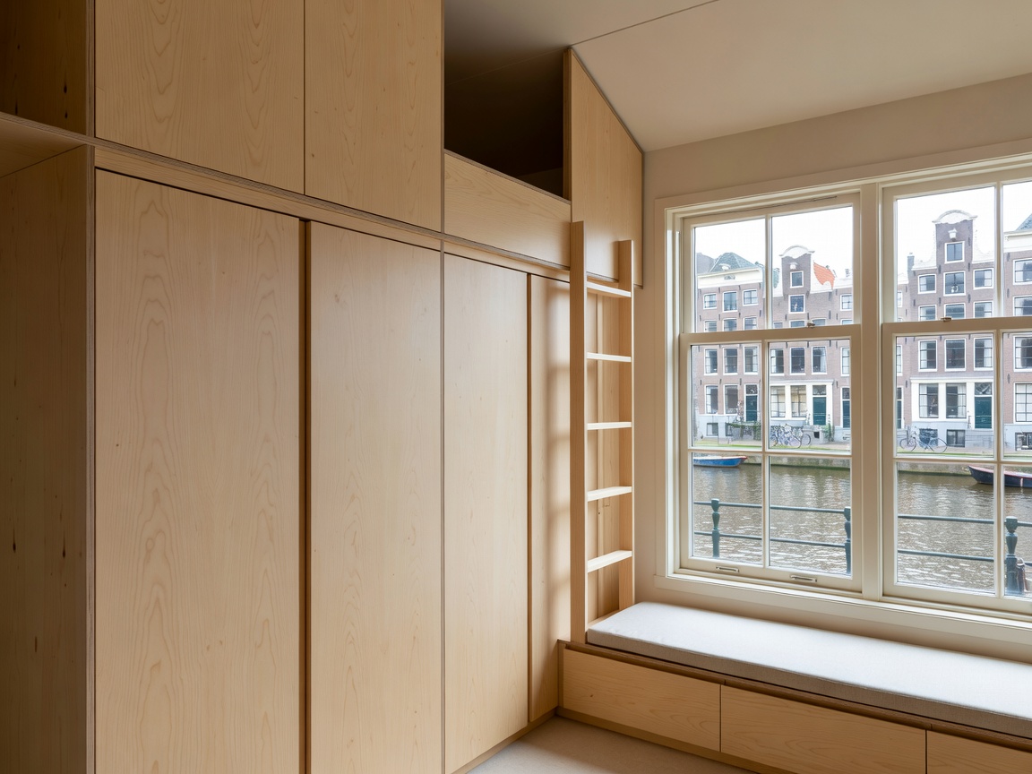 Amsterdam canal micro apartment with bespoke birch cabinetry and vertical loft storage