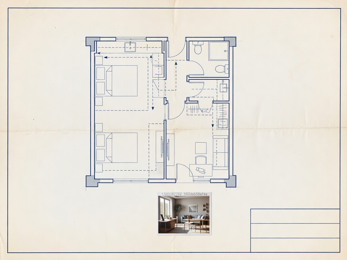 Architectural blueprint showing 32sqm studio floor plan with furniture circulation zones