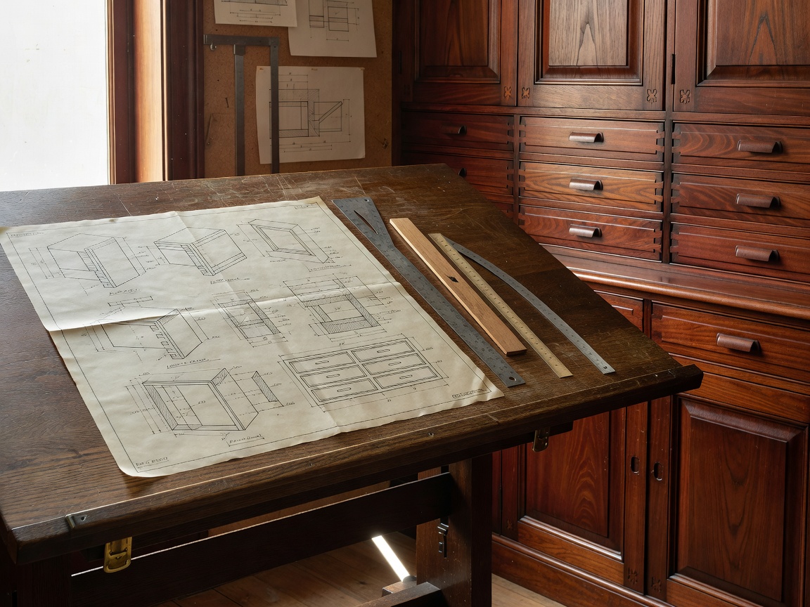 Architectural drawing table with scale rules and timber cabinetry joinery plans