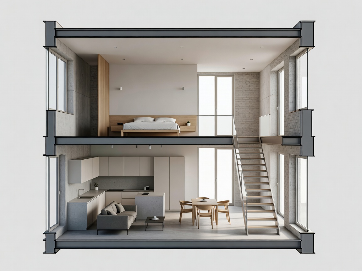 Architectural section diagram of high-ceiling mezzanine apartment