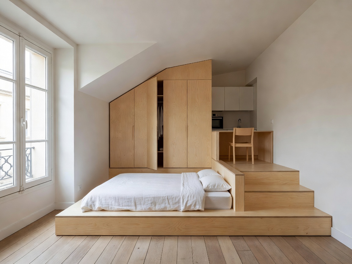 Compact 28 sqm Parisian loft with custom plywood podium and hidden wardrobe