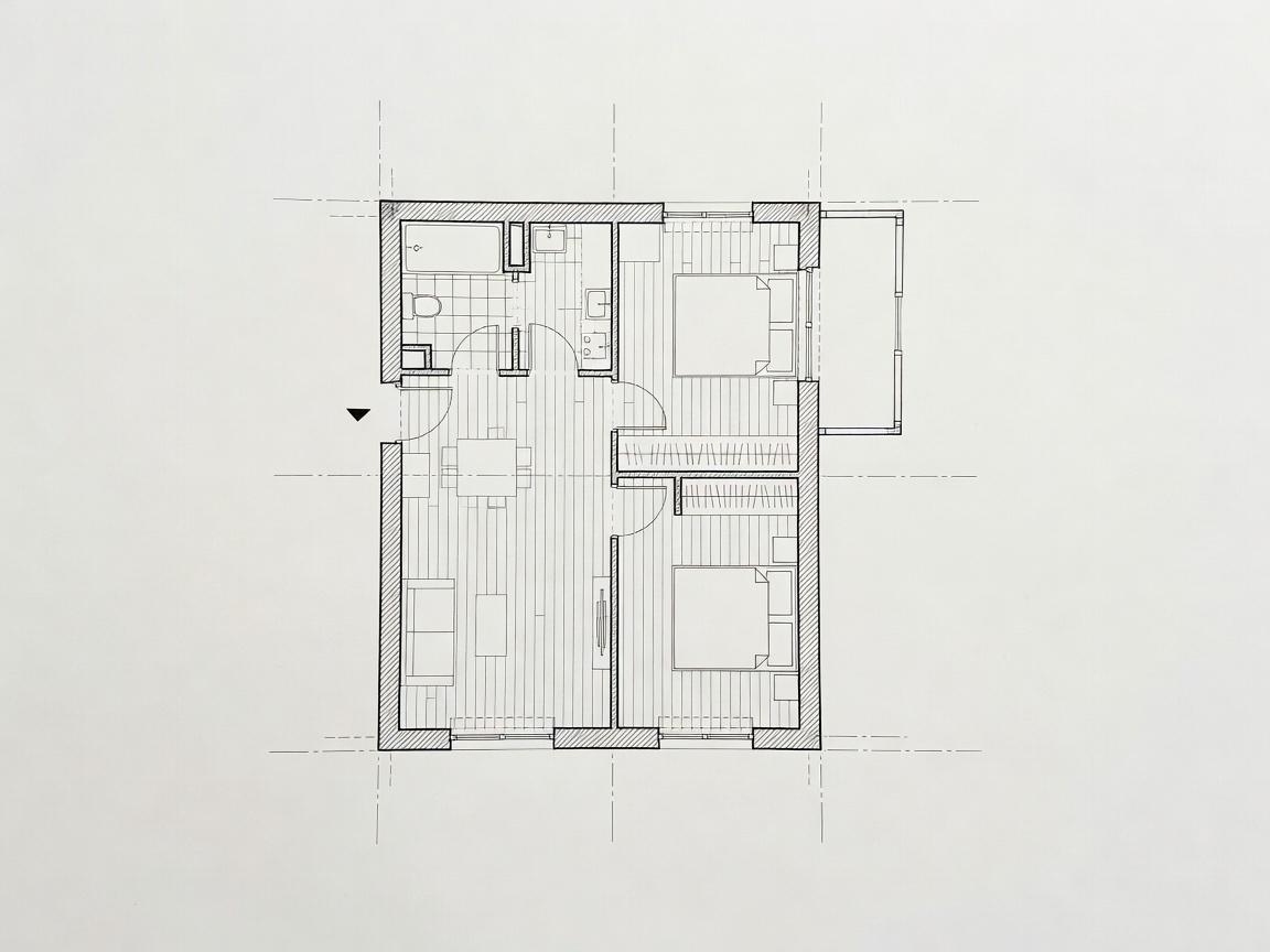 Detailed architectural scale drawing of a 2-room 54sqm European flat