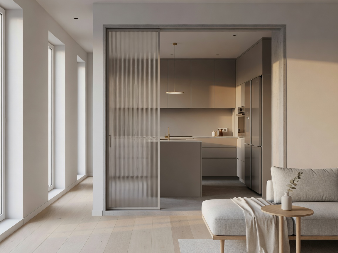 Modern Scandinavian apartment in Stockholm with fluted glass pocket doors and warm gray kitchen