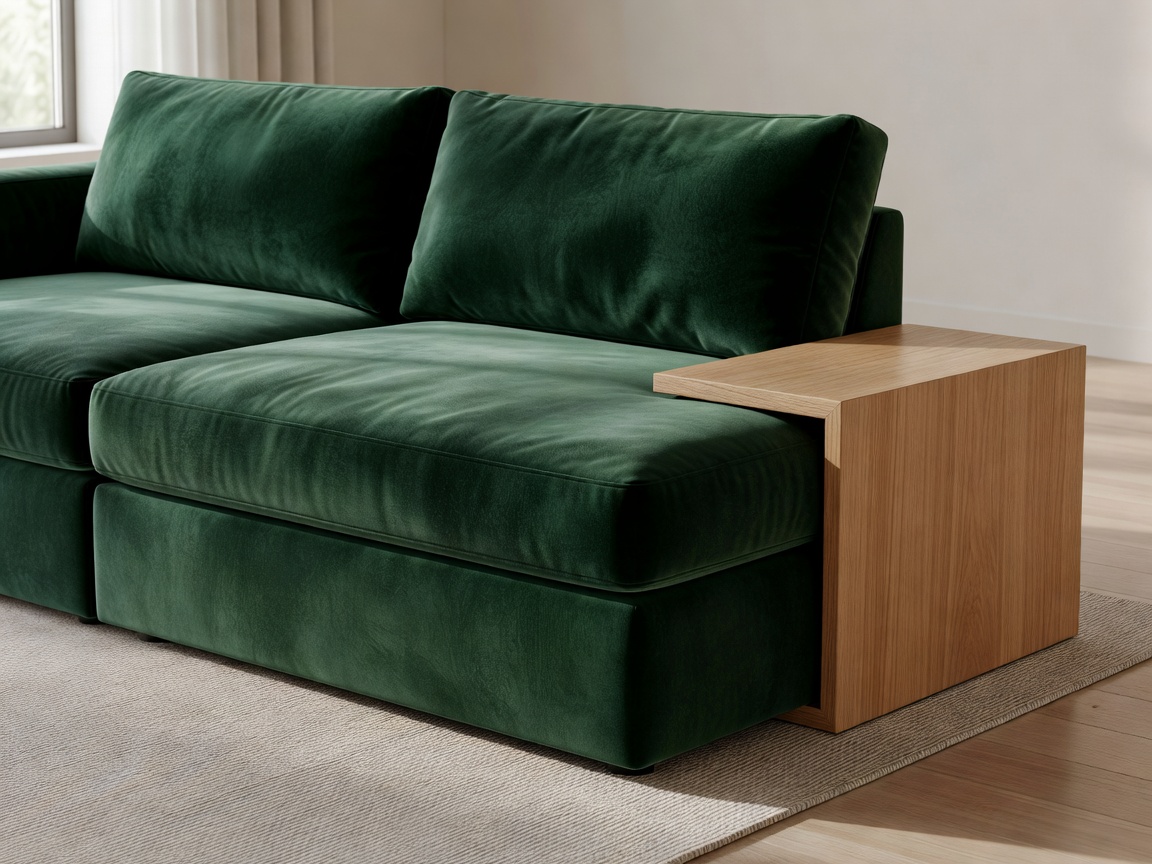 Modular deep green velvet sofa with integrated oak end table and concealed storage base