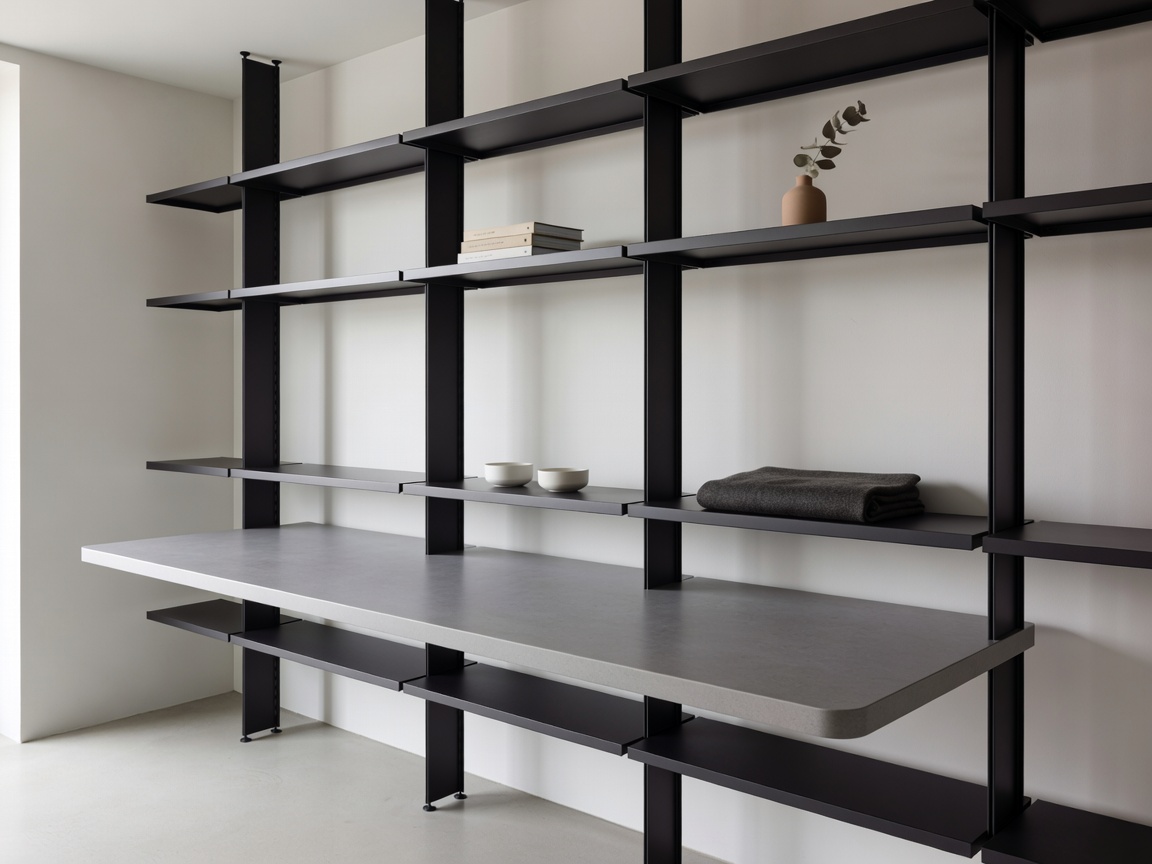 Modular floor to ceiling shelving system with matte black aluminum uprights and linoleum desk shelf