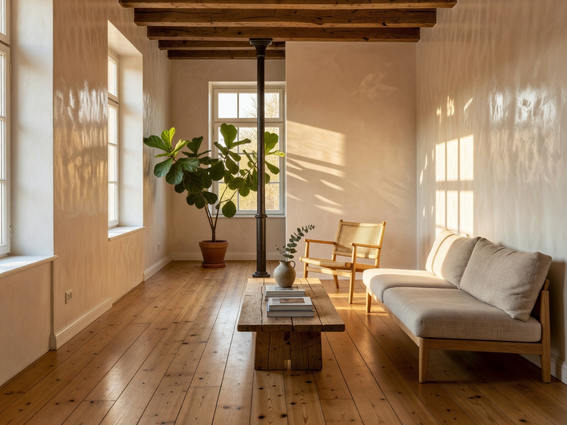 Sunlit European loft with reflective limewash walls and warm floorboards