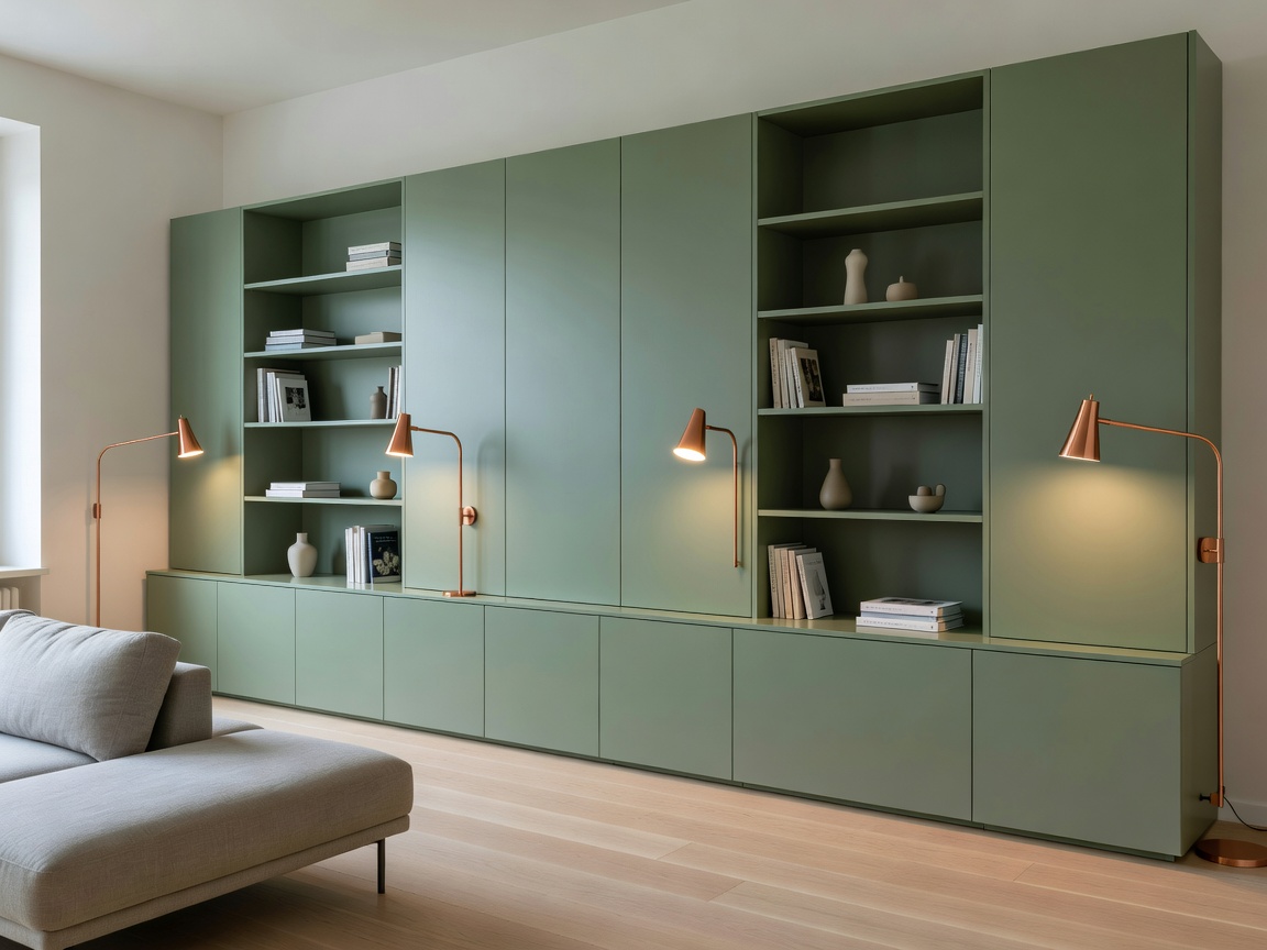 Vienna Neubau apartment with muted green built-ins and copper reading light accents