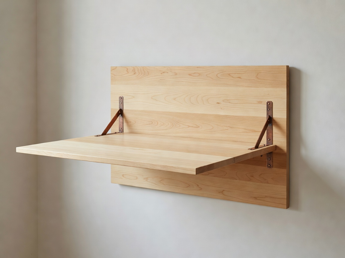 Wall-mounted fold down dining table made of natural birch wood and copper hinges