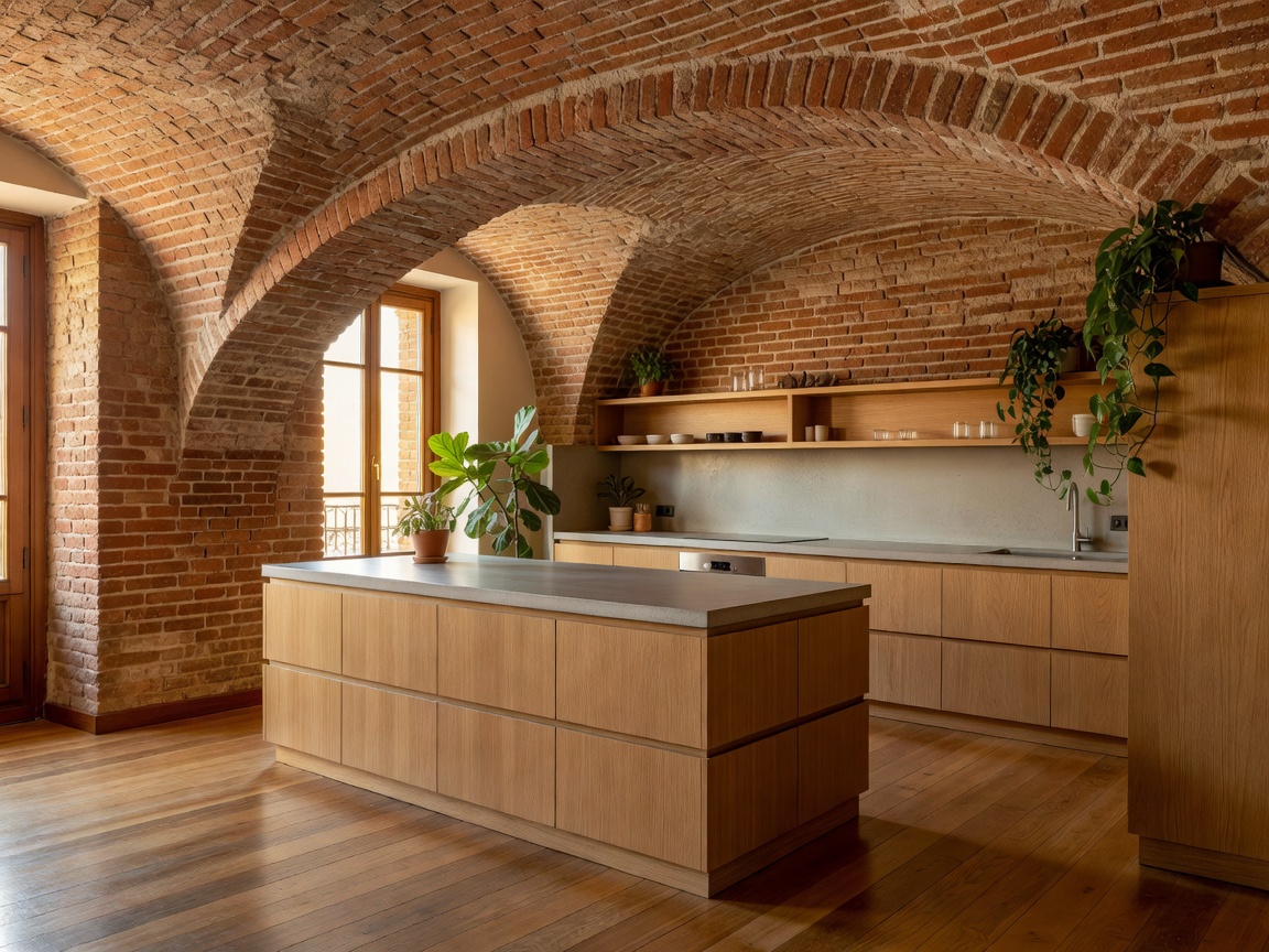 Warm Barcelona Eixample apartment with exposed brick vaulting and modular kitchen island